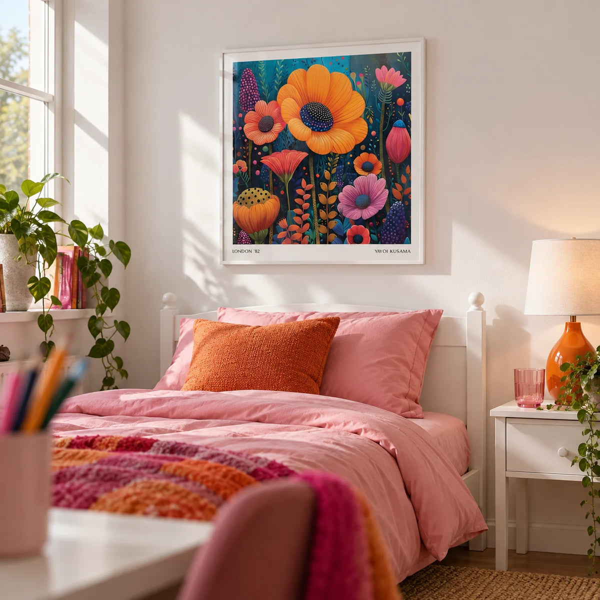 Japanese Modern Art, framed on the wall of a bright teen girl's bedroom (13-17) with a white wall