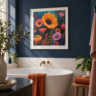 Japanese Modern Art, framed on the wall of a calm bathroom with a navy painted wall and plain white tiles