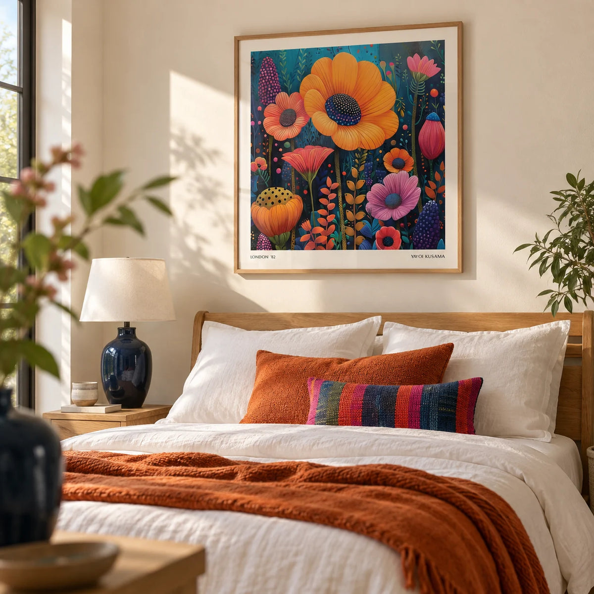 Japanese Modern Art, framed on the wall of a calm bedroom with a soft cream wall