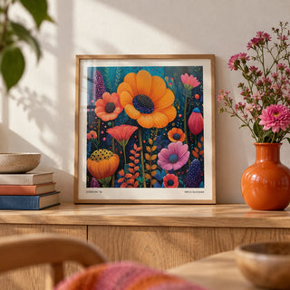 Japanese Modern Art, a small A4 framed print leaning on an oak shelf in a living room