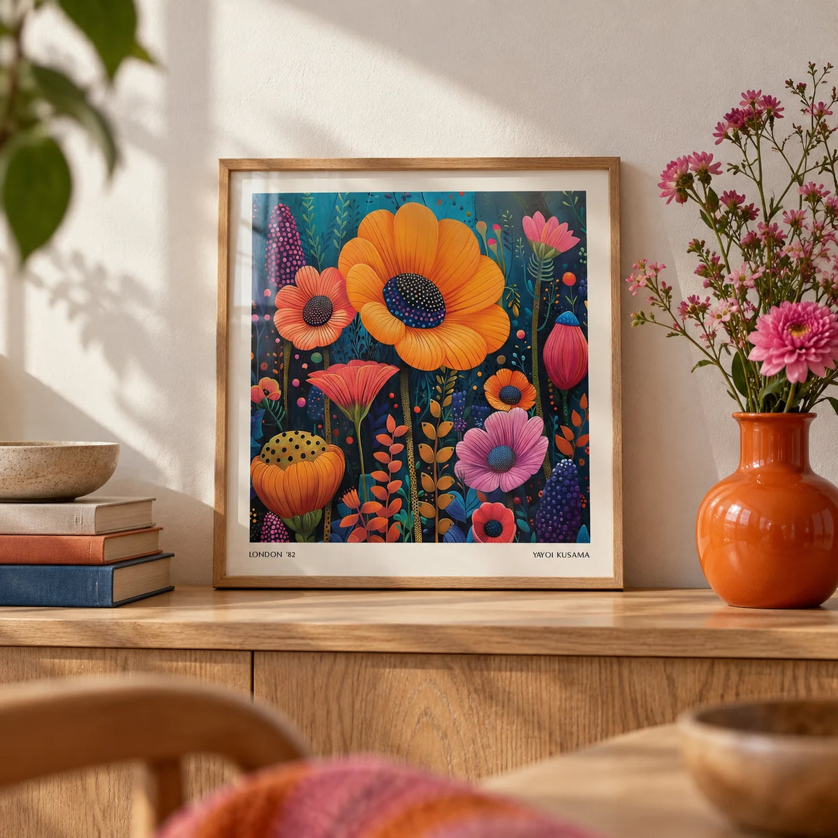 Japanese Modern Art, a small A4 framed print leaning on an oak shelf in a living room