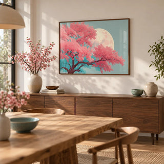 Japanese Moon Tree Art, framed on the wall of a calm dining room