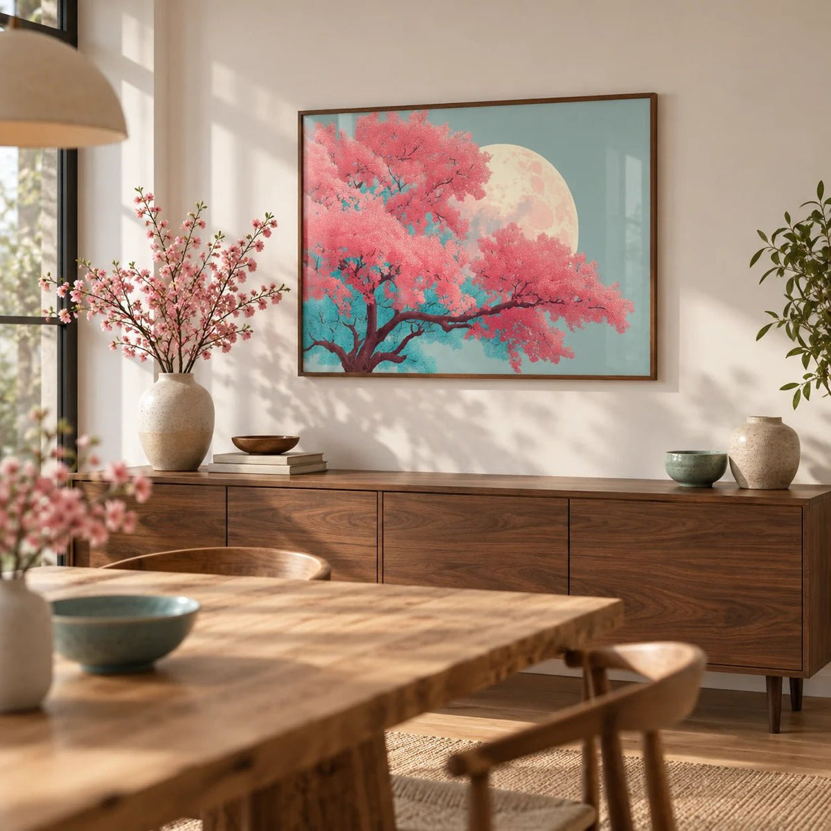 Japanese Moon Tree Art, framed on the wall of a calm dining room