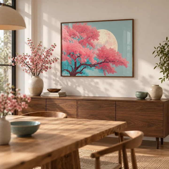 Japanese Moon Tree Art, framed on the wall of a calm dining room