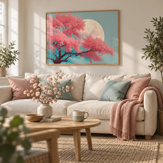 Japanese Moon Tree Art, framed on the wall of a calm Scandinavian living room