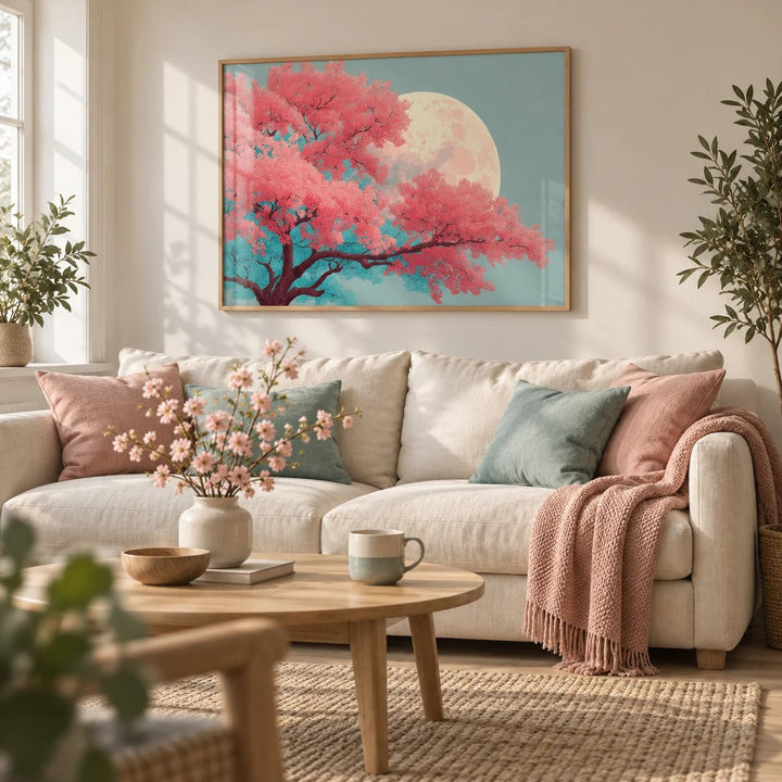 Japanese Moon Tree Art, framed on the wall of a calm Scandinavian living room