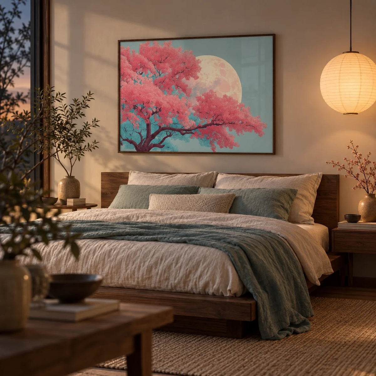 Japanese Moon Tree Art, framed on the wall of a Japandi bedroom at dusk