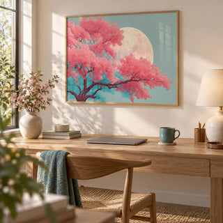 Japanese Moon Tree Art, framed on the wall of a light home office