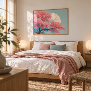 Japanese Moon Tree Art, framed on the wall of a serene bedroom