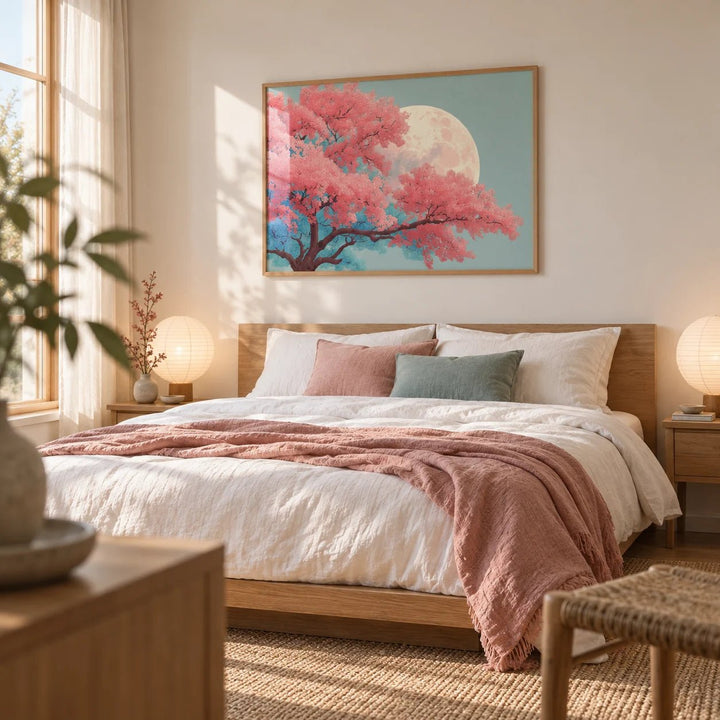 Japanese Moon Tree Art, framed on the wall of a serene bedroom