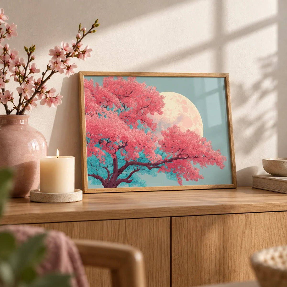 Japanese Moon Tree Art, a small A4 framed print leaning on an oak sideboard in a living room