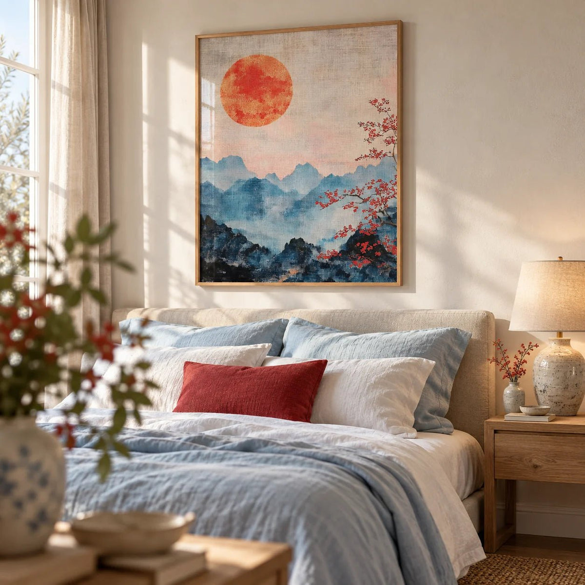 Japanese Mountain Art, framed on the wall of a calm bedroom