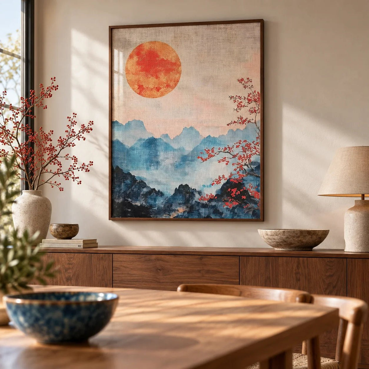 Japanese Mountain Art, framed on the wall of a calm dining room
