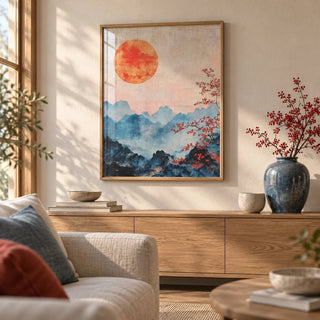 Japanese Mountain Art, framed on the wall of a calm Japandi living room