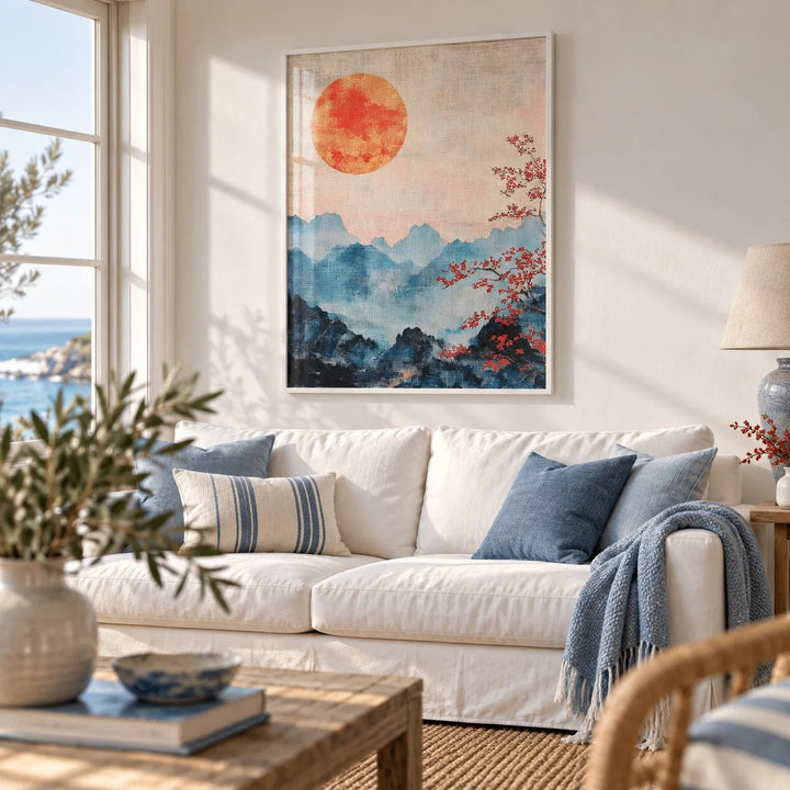 Japanese Mountain Art, framed on the wall of a light coastal living room