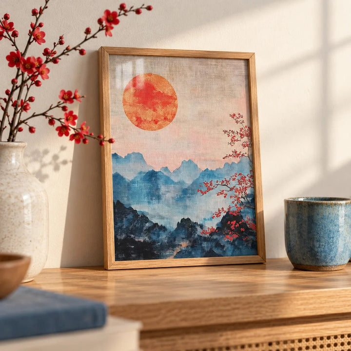 Japanese Mountain Art, a small A4 framed print leaning on an oak shelf in a living room