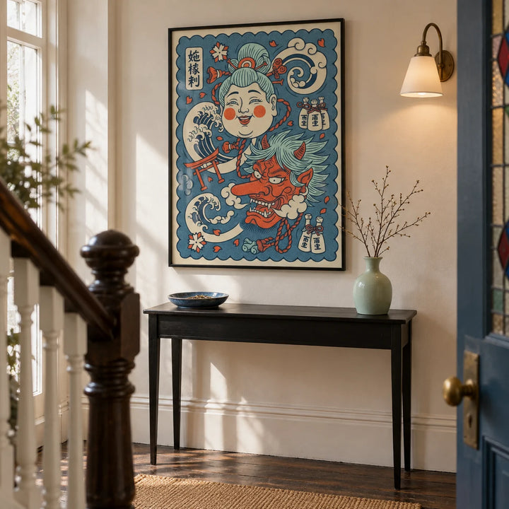 Japanese Mythology Art, framed on the wall of a characterful entrance hallway in a UK terrace with warm white plaster walls and a dark wood floor