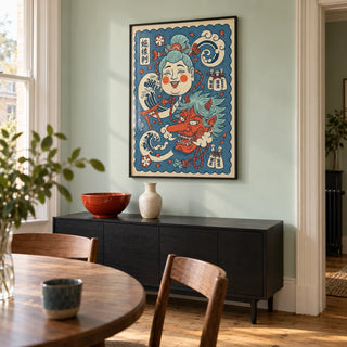 Japanese Mythology Art, framed on the wall of a modern dining room in a Victorian terrace with pale mint painted walls and simple oak floorboards