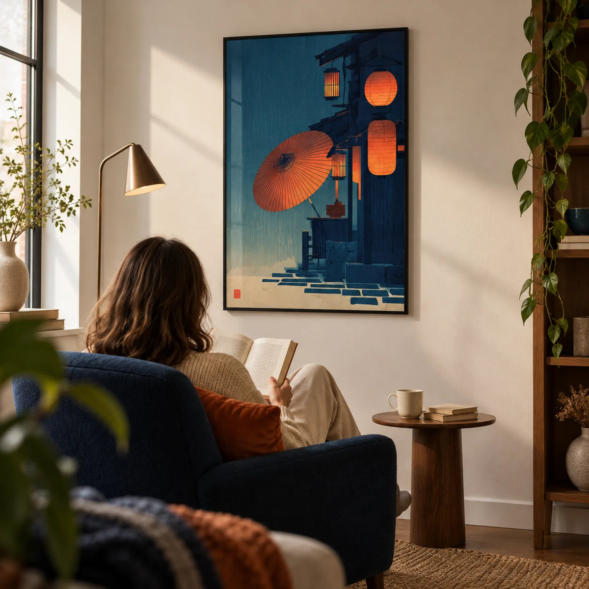 Japanese Night Scene Wall Art, framed on the wall of a calm reading corner in a design-conscious UK flat with a warm white wall in a living room