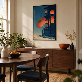 Japanese Night Scene Wall Art, framed on the wall of a compact modern dining room in a Victorian terrace with warm off-white walls