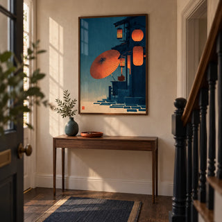 Japanese Night Scene Wall Art, framed on the wall of a narrow entrance hallway in a renovated UK terraced house with sandy plaster walls and dark timber flooring