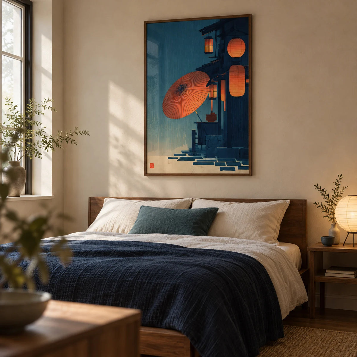 Japanese Night Scene Wall Art, framed on the wall of a quiet Japanese-inspired bedroom in a UK home with a sandy beige wall
