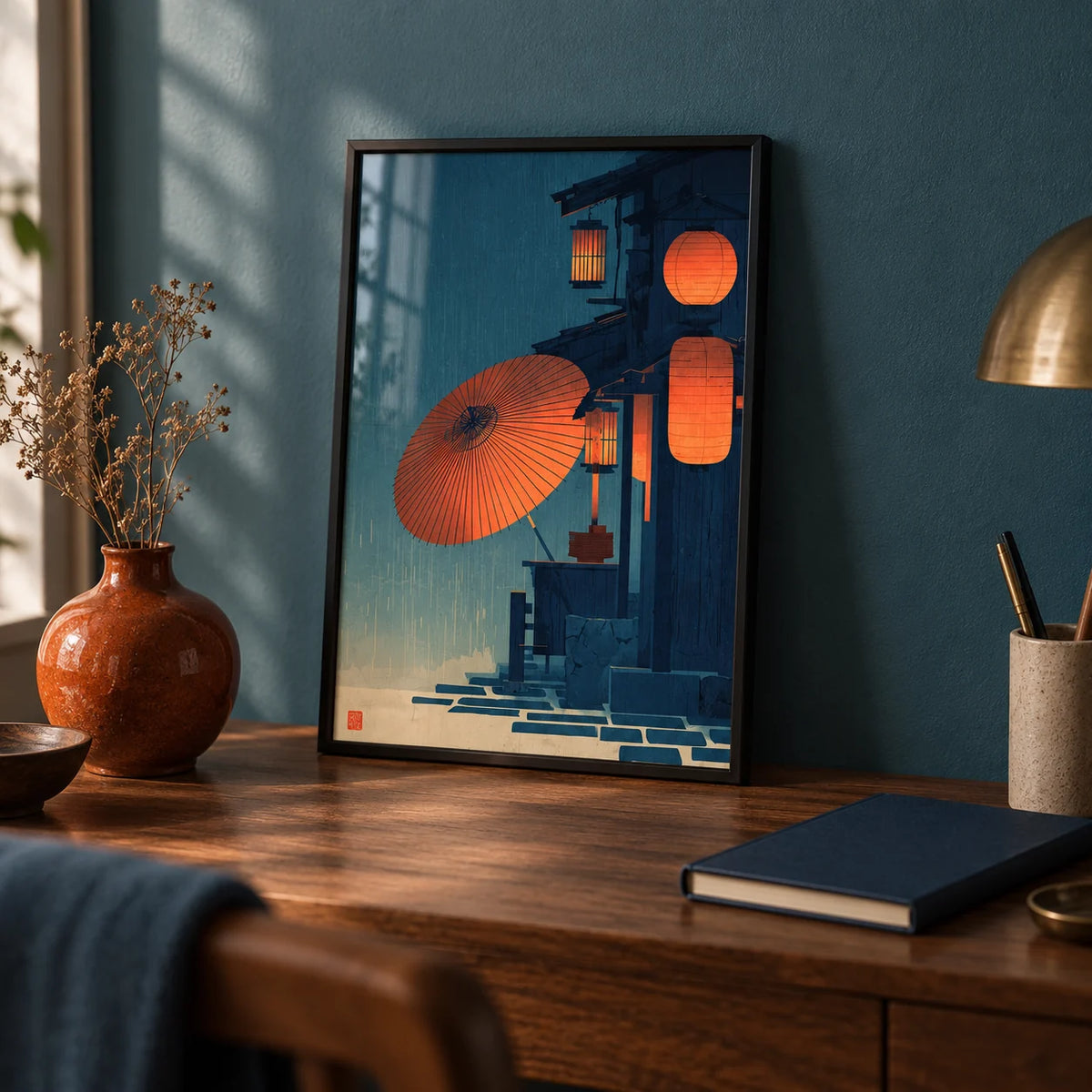 Japanese Night Scene Wall Art, a small A4 framed print leaning on a walnut writing desk