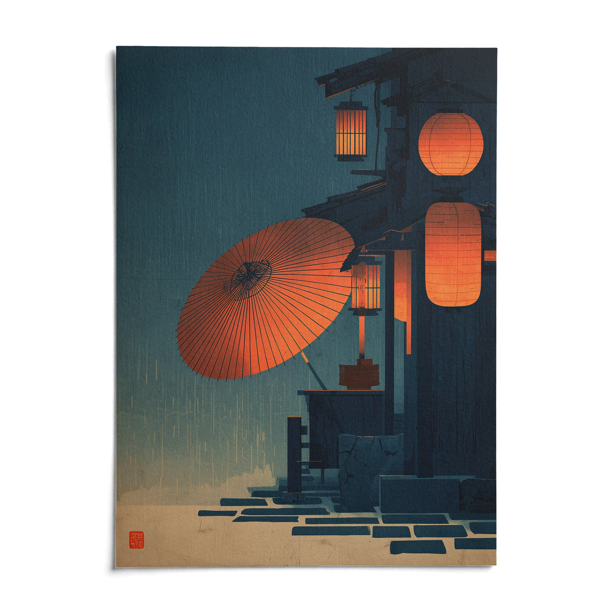 Japanese Night Scene Wall Art, shown as an unframed paper print on a plain white background