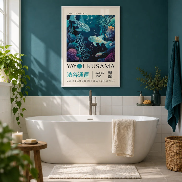 Japanese Ocean Art, framed on the wall of a calm bathroom with a deep teal painted wall and plain white tiles