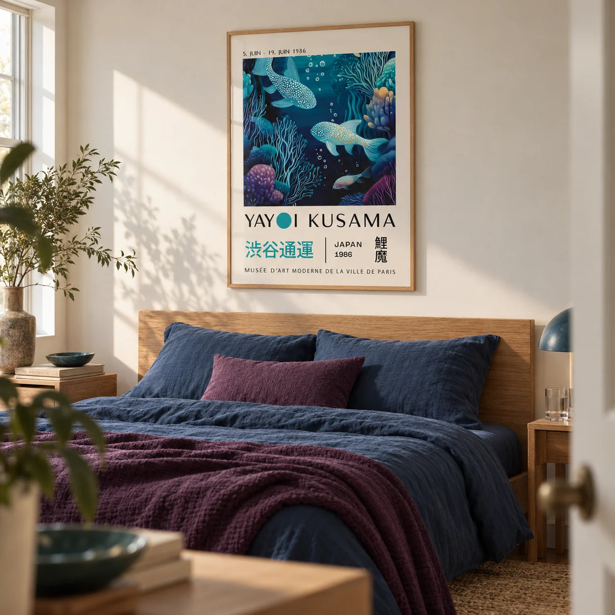 Japanese Ocean Art, framed on the wall of a calm bedroom with a warm white wall