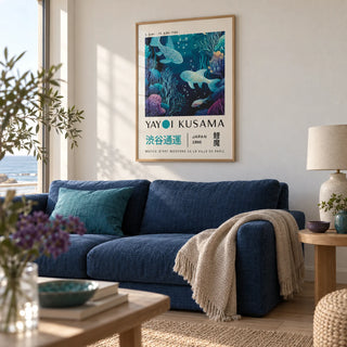 Japanese Ocean Art, framed on the wall of a calm coastal living room with a soft white wall and a light oak floor