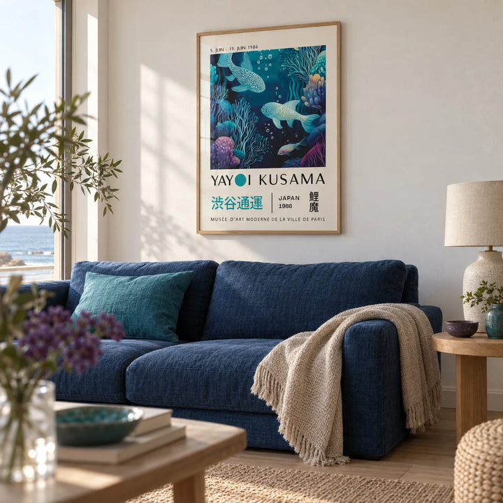 Japanese Ocean Art, framed on the wall of a calm coastal living room with a soft white wall and a light oak floor