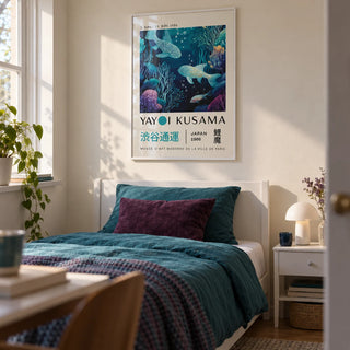 Japanese Ocean Art, framed on the wall of a calm single bedroom for a young adult (18-25) with a cream wall