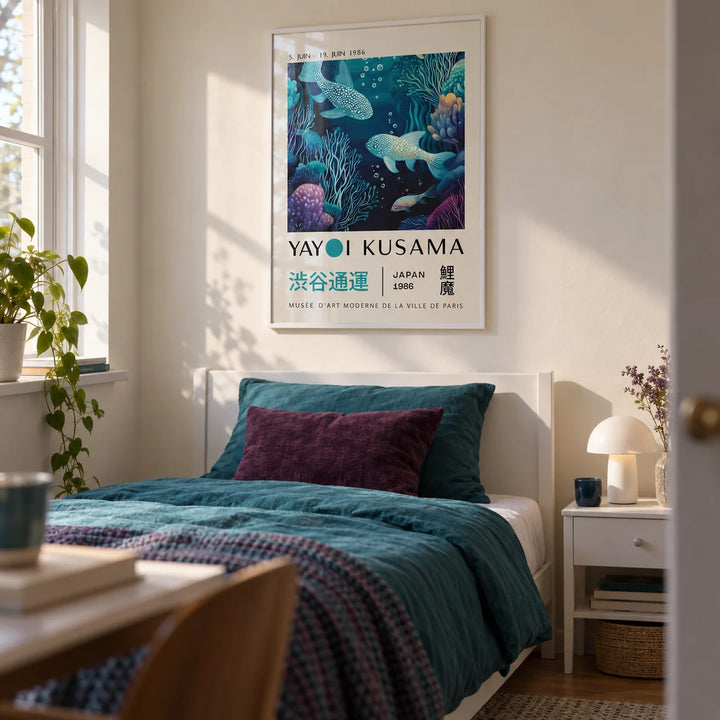 Japanese Ocean Art, framed on the wall of a calm single bedroom for a young adult (18-25) with a cream wall