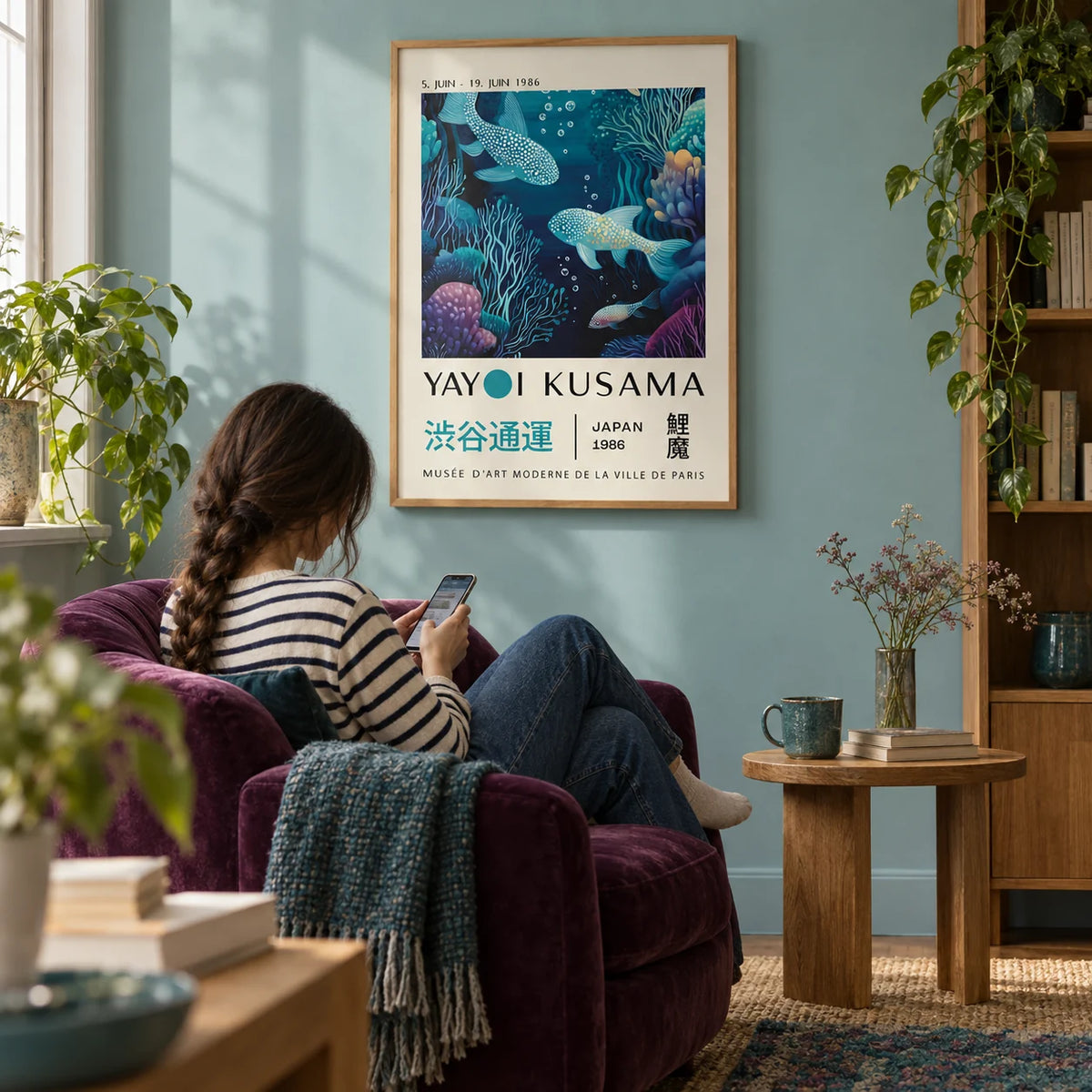 Japanese Ocean Art, framed on the wall of a quiet reading corner with a pale teal wall in a living room