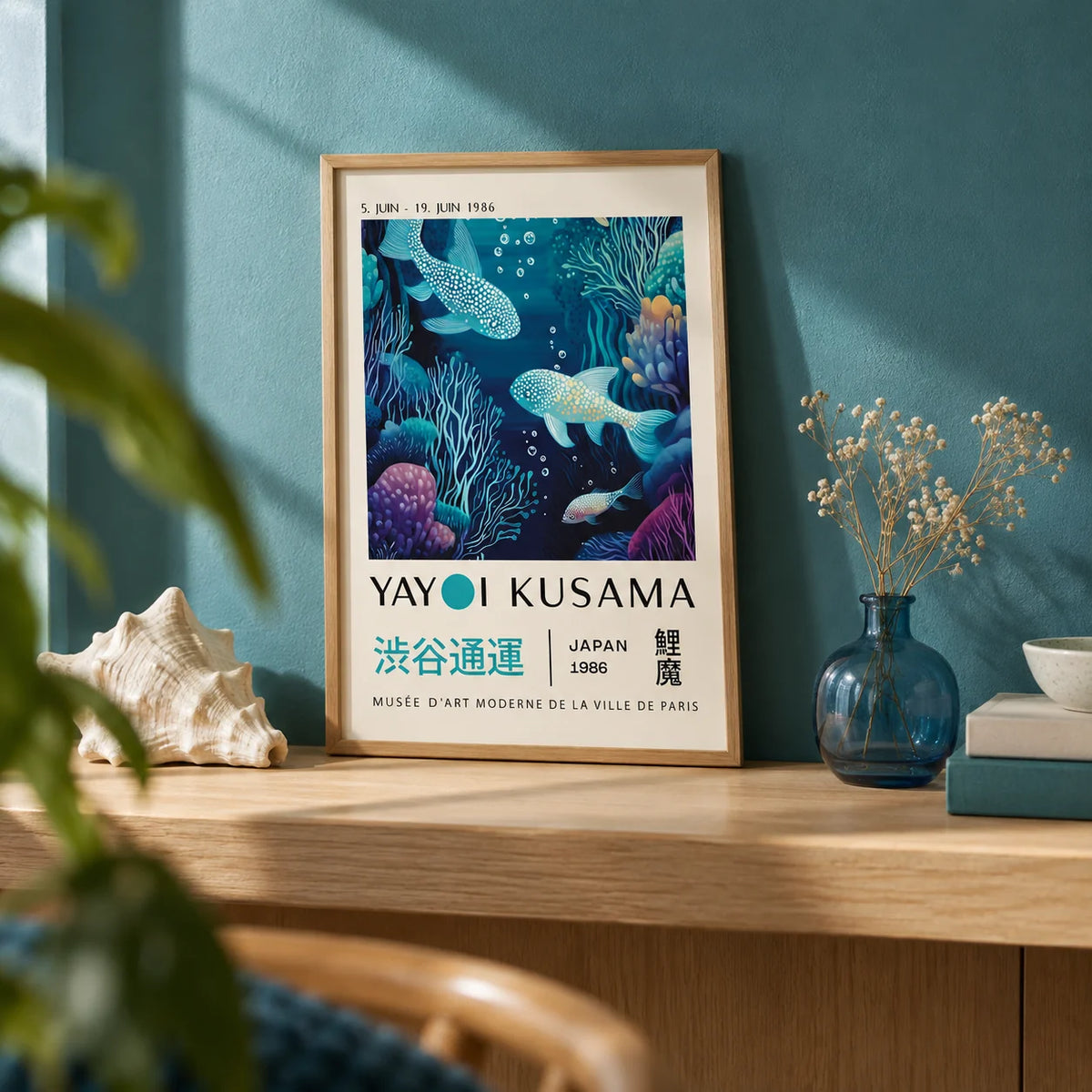 Japanese Ocean Art, a small A4 framed print leaning on a pale oak shelf in a living room