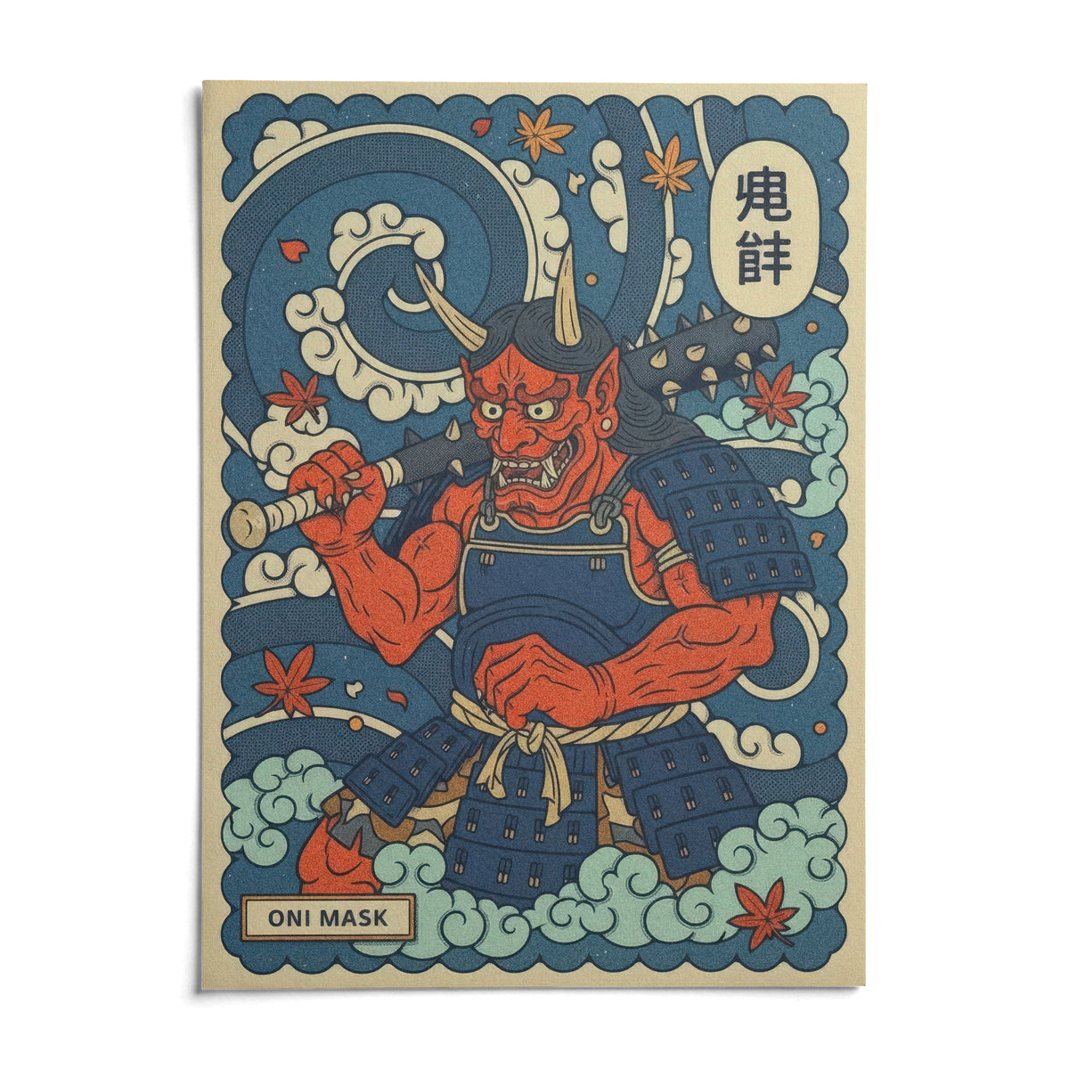 Japanese Oni Mask Print, shown as an unframed paper print on a plain white background