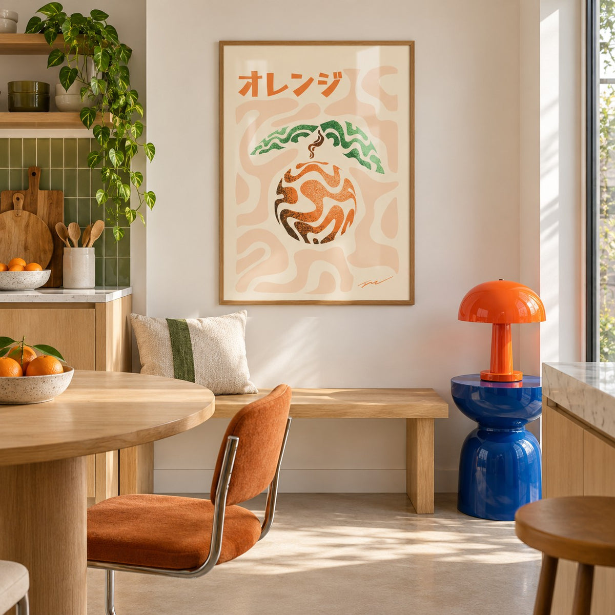Japanese Orange Poster hung above a breakfast bench in a colourful minimalist kitchen (frame not included)
