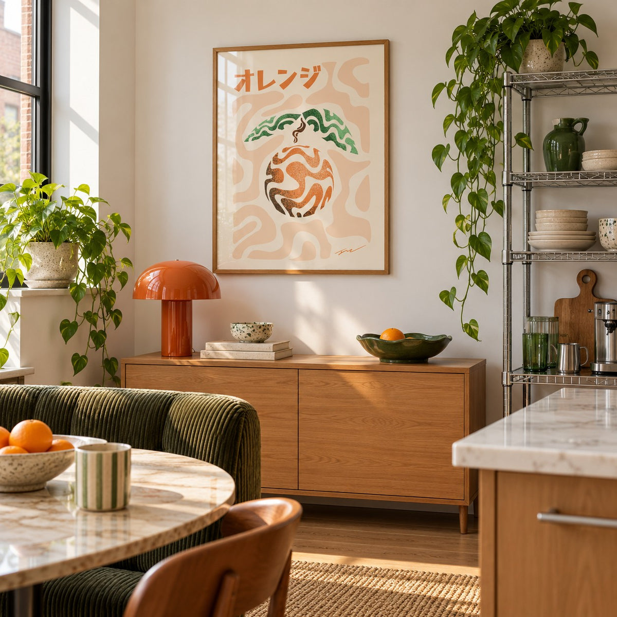 Japanese Orange Poster hung above an oak sideboard in a creative apartment kitchen (frame not included)