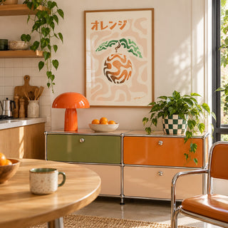 Japanese Orange Poster hung above a retro modular console in a playful kitchen (frame not included)