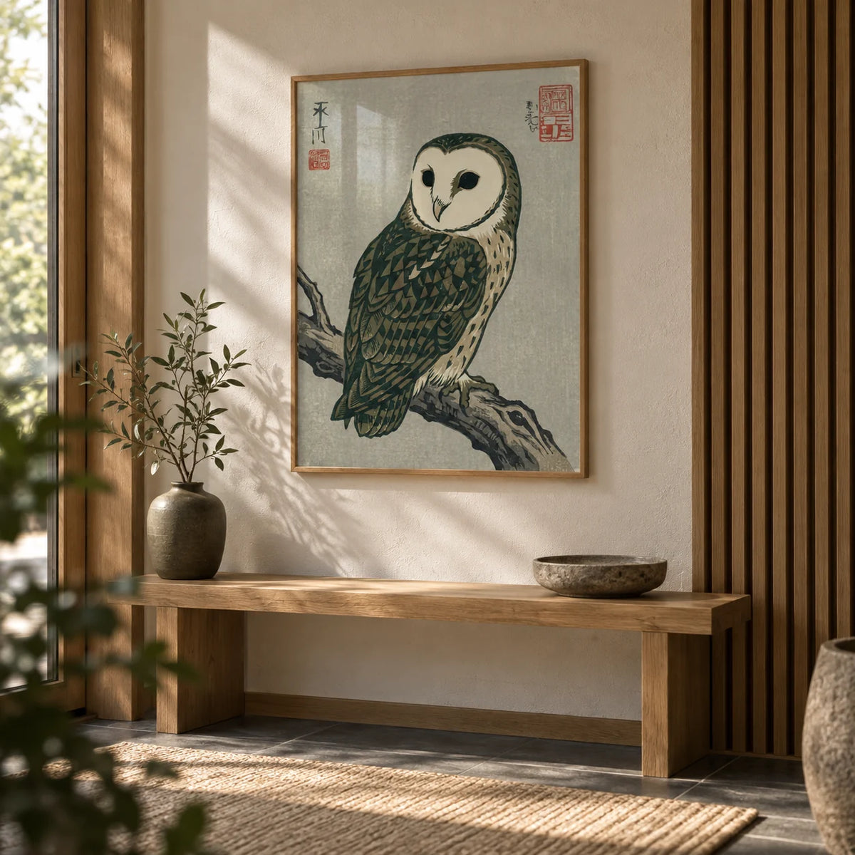 Japanese Owl Art, framed on the wall of a calm Japanese-style entryway