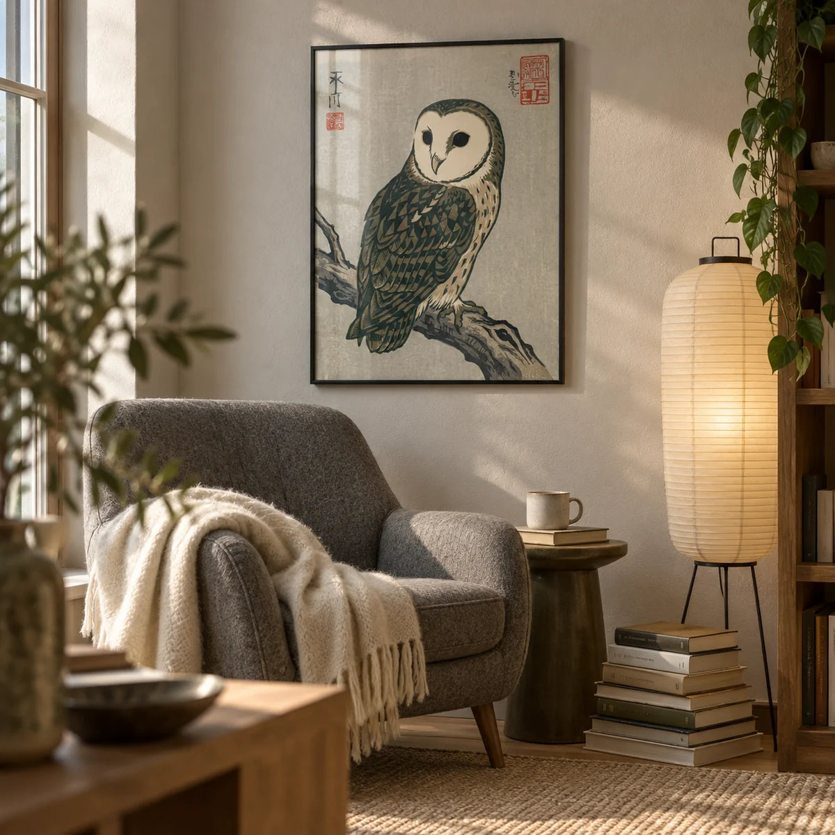 Japanese Owl Art, framed on the wall of a calm reading corner in a living room