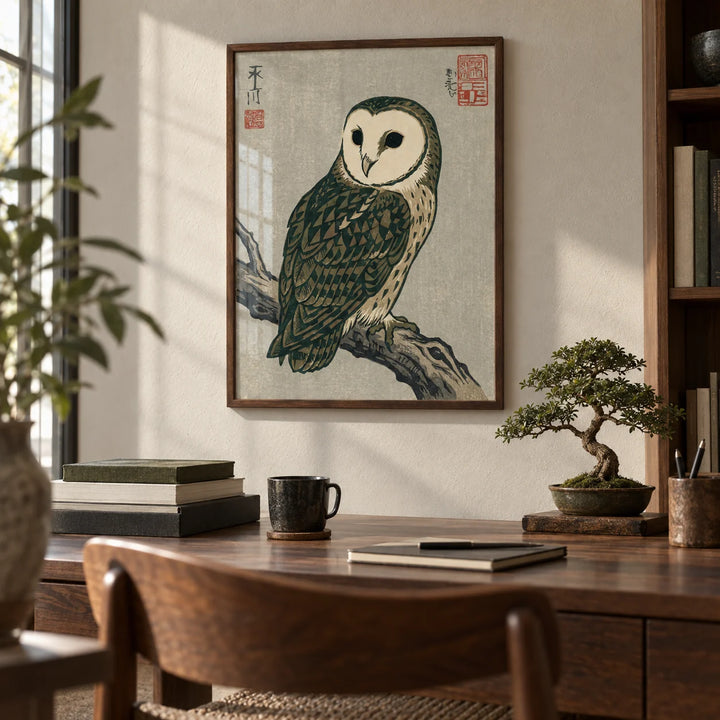 Japanese Owl Art, framed on the wall of a calm study