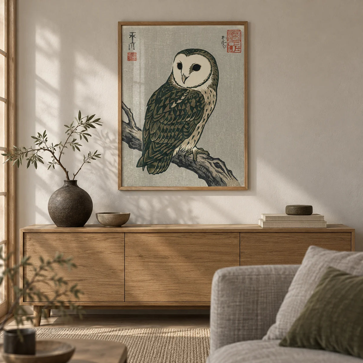 Japanese Owl Art, framed on the wall of a quiet Japandi living room