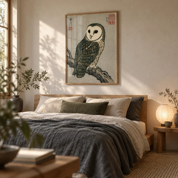Japanese Owl Art, framed on the wall of a serene Japandi bedroom