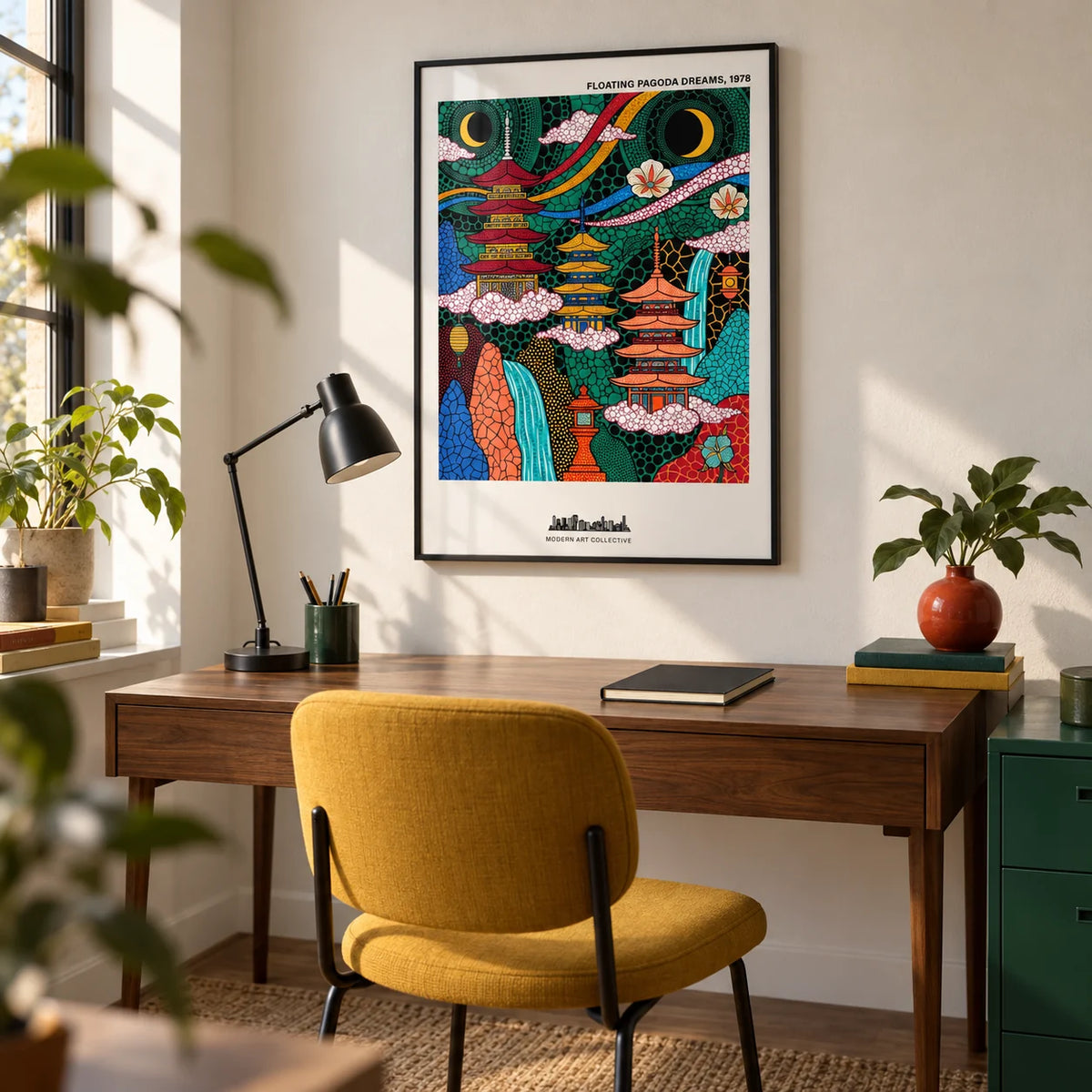 Japanese Pagoda Wall Art, framed on the wall of a compact design-led home study with an off-white wall and a walnut desk