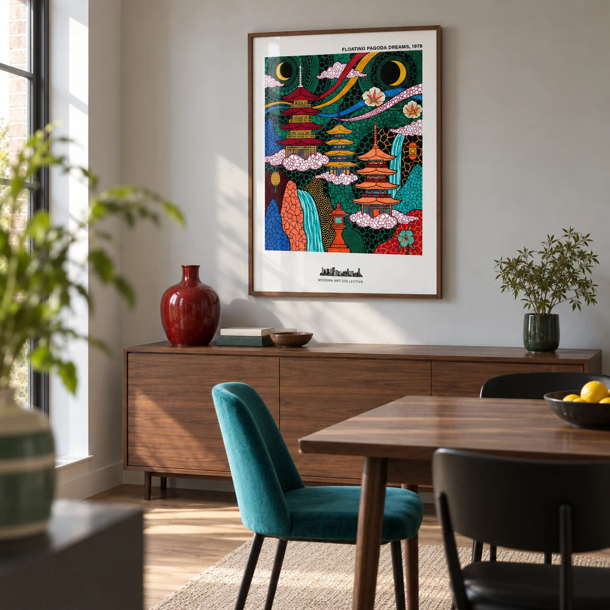 Japanese Pagoda Wall Art, framed on the wall of a contemporary dining room in a renovated British terrace with pale grey plaster walls