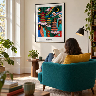 Japanese Pagoda Wall Art, framed on the wall of a contemporary reading corner in a bay-window sitting room with a warm white wall in a living room