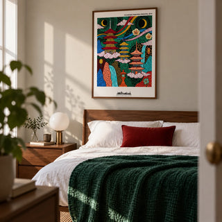 Japanese Pagoda Wall Art, framed on the wall of a modern bedroom in a UK flat with a pale warm grey wall