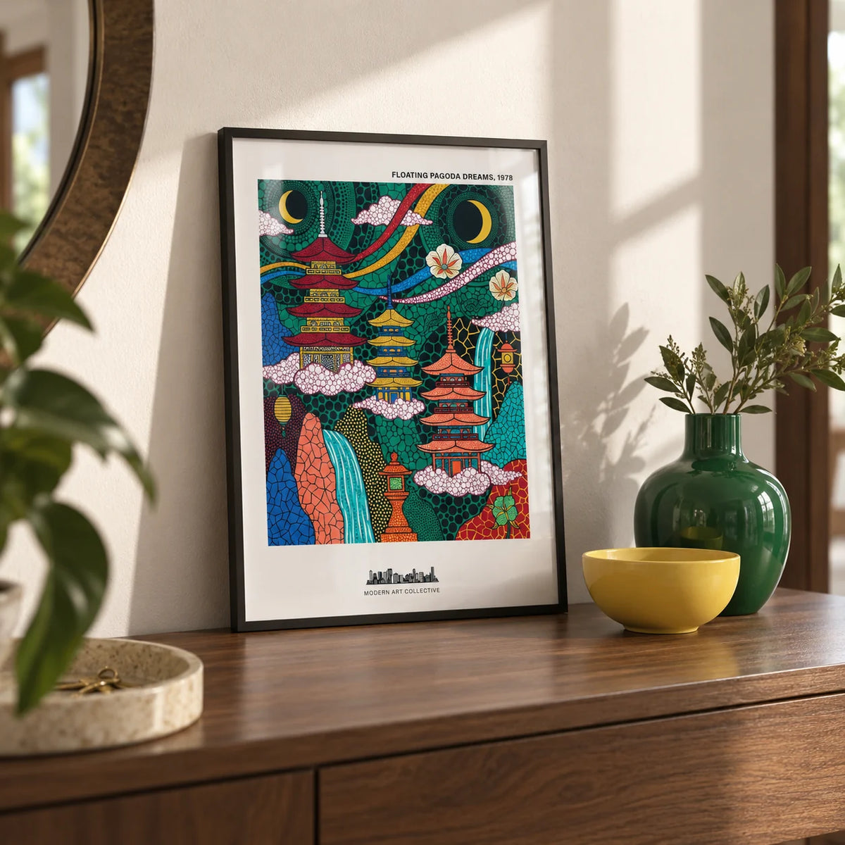 Japanese Pagoda Wall Art, a small A4 framed print leaning on a walnut hallway side table